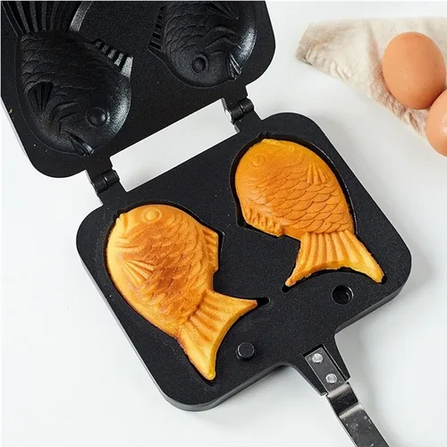 Vista 5 de ZOOFOX Molde para pastel Taiyaki en forma de pez, sartén para freír con revestimiento antiadherente con mango largo, molde para hornear panqueques