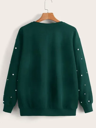 Vista 2 de WDIRARA Sudadera de manga larga con cuello redondo y cuentas de perlas para mujer, talla grande