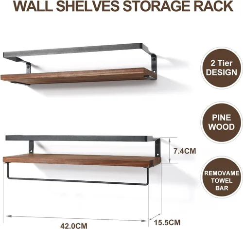 Vista 3 de himaly Estantes flotantes, estante de baño montado en la pared con toallero, estantes flotantes de pared para baño, cocina, dormitorio, sala