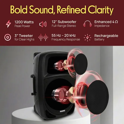Vista 9 de Altavoz PA Bluetooth portátil de 1200 W, subwoofer de 12 pulgadas, luces indicadoras de batería LED con batería recargable incorporada, lector