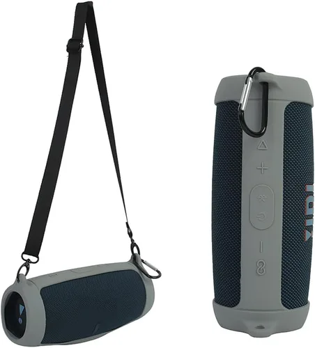 Vista 10 de Funda de silicona para altavoz Bluetooth J.BL Charge 5, funda protectora de viaje portátil con correa para el hombro y mosquetón (negro)