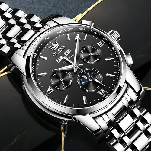 Vista 3 de OLEVS - Reloj mecánico automático Tourbillon Slef-Wind, lujoso, de acero inoxidable, resistente al agua, luminoso y con fecha