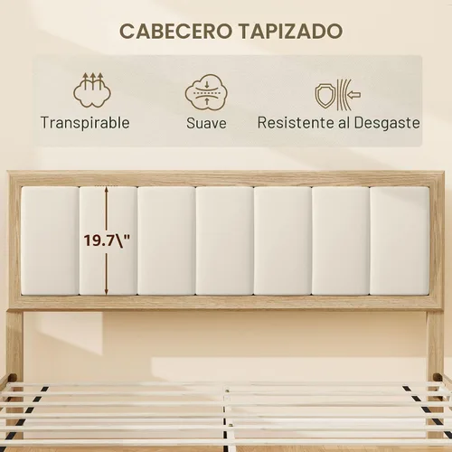 Vista 3 de HOMCOM Base de cama tamaño Queen con cabecera tapizada, marco de cama de plataforma con listones de madera, no necesita somier, fácil montaje