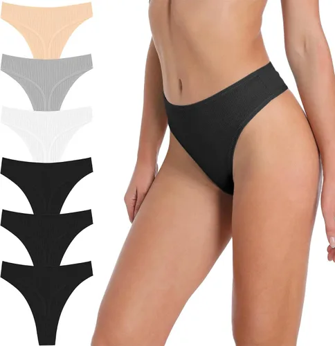 Vista 7 de Tanga de algodón acanalado transpirable sin costuras de cintura alta para mujer, ropa interior de talla grande 2 negro/2 verde/2 vino tinto