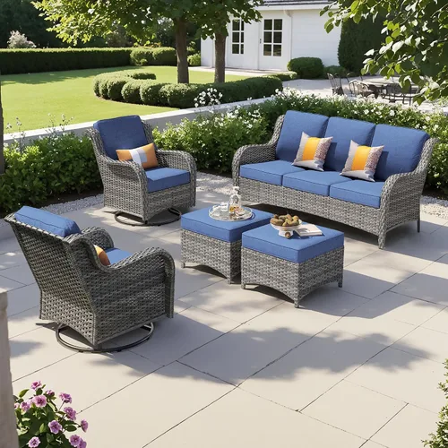 Vista 26 de Juego de muebles de exterior para patio, silla y sofá (ratán marrón, beige, 3 piezas)