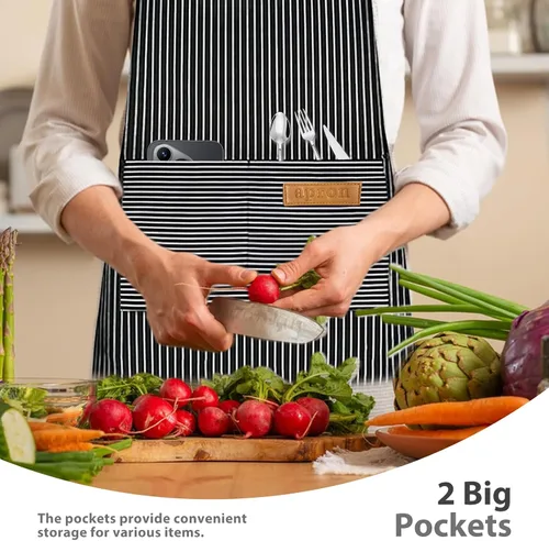 Vista 4 de Paquete de 2 delantales para mujer con bolsillos, delantal de cocina para hombres, delantal ajustable adecuado para chefs, camareros, horneado