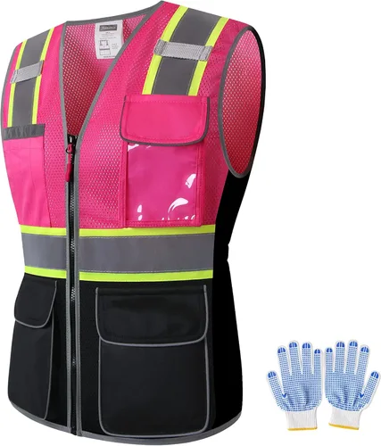 Vista 21 de Chaleco de seguridad para mujer, múltiples bolsillos, de alta visibilidad, reflectante, malla transpirable, chaleco de trabajo para dama, cremallera
