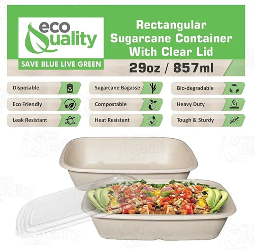 Vista 3 de EcoQuality Cuencos desechables de 29 onzas con tapas transparentes, cuencos rectangulares de papel biodegradable de fibra de caña de azúcar