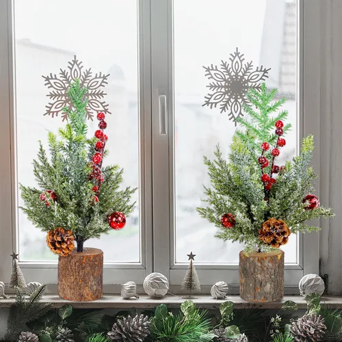 Vista 3 de Blissun Mini árbol artificial de Navidad de 15 pulgadas con luces, árbol de Navidad pequeño, pinos artificiales de Navidad con base de madera, mini