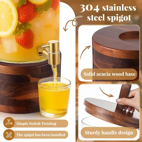 Vista 3 de FillTouch Paquete de 1 dispensador de bebidas de vidrio de 5 galones con soporte y tapa de madera de acacia, grifo de acero inoxidable, dispensador