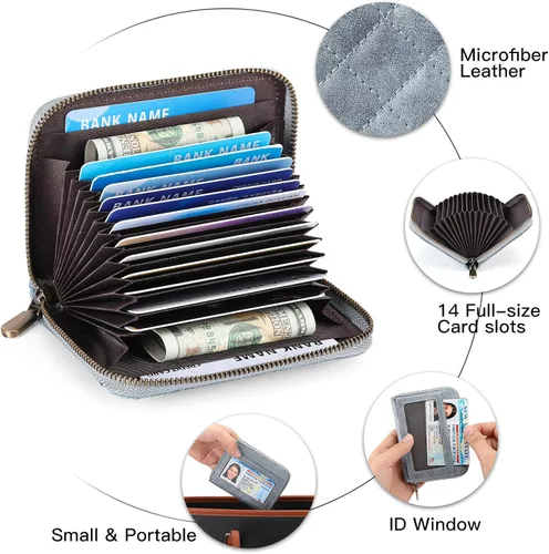 Vista 3 de FALAN MULE Cartera de Cuero para Tarjetas de Crédito con Bloqueo RFID Pequeña para Mujeres con Muñequera, Azul claro, Vintage