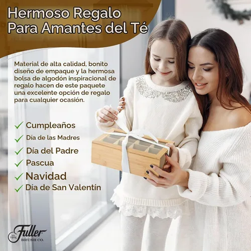 Vista 6 de Fuller Organizador de caja de té de bambú con 8 compartimentos, estuche de almacenamiento de té de bambú natural con tapa acrílica transparente
