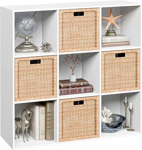Vista 11 de JupiterForce Organizador de almacenamiento de 9 cubos, estante de exhibición de madera con 5 paneles traseros removibles, estantería de libros
