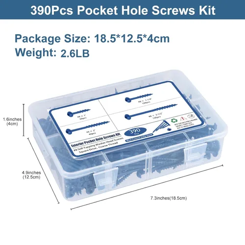 Vista 6 de SATANTECH Kit de surtido de tornillos para agujeros de bolsillo, 390 piezas en 4 tamaños #8 x 1, 1-1/4", 2", 2-1/2", tornillos de madera de rosca