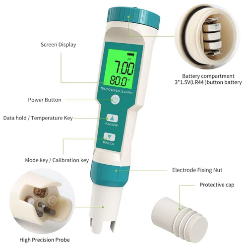 Vista 2 de Medidor de pH, 7 en 1 pH/TDS/EC/ORP/S.G/Medidor de salinidad/temperatura con medidor de pH ATC, medidor de agua de alta precisión de resolución