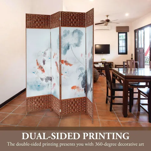 Vista 3 de MyGift Pantalla de división de pared de divisor de madera tejida de 4 paneles con diseño de estanque de loto y peces Koi