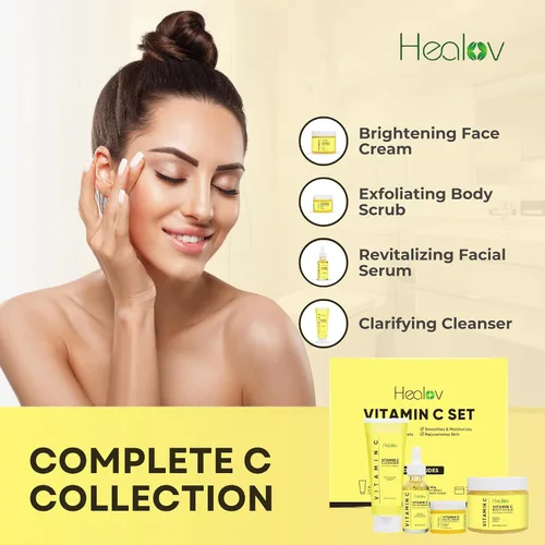 Vista 2 de Set de cuidado de la piel con vitamina C – Limpiador facial hidratante, exfoliante corporal, crema facial y suero antienvejecimiento – Vit C reduce