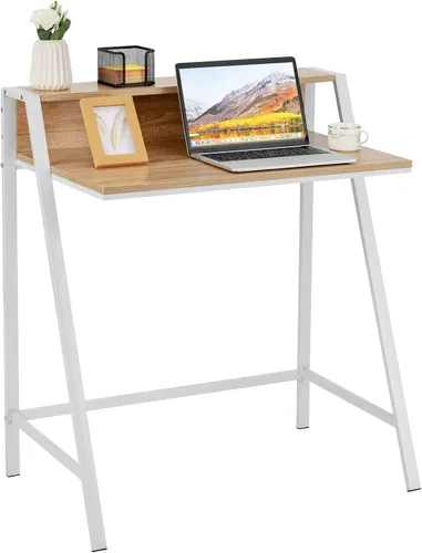 Vista 10 de Tangkula Escritorio pequeño para computadora, escritorio compacto para oficina en casa con marco resistente, mesa de estudio de 2 niveles