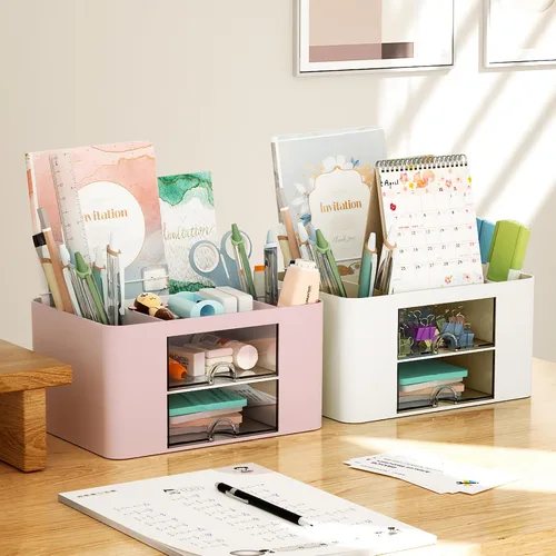 Vista 5 de Marbrasse Organizador de bolígrafos con 2 cajones, portaplumas multifuncional para escritorio, organizadores de escritorio y accesorios con 5