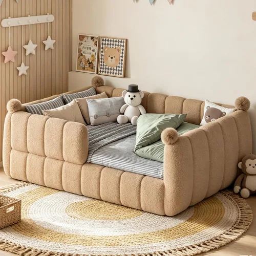 Vista 16 de Cama de suelo tapizada con valla, cama de piso tamaño individual con Beige