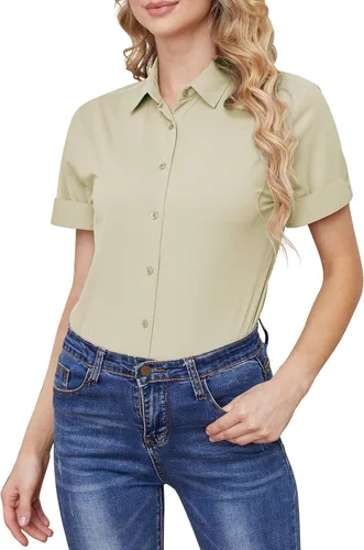 Vista 2 de Camisas con botones para mujer, sin arrugas, ajustadas, manga corta, formal, sólidas, blusas