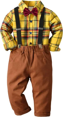 Vista 2 de Dinysuos Conjunto de traje de caballero para niño pequeño, camisa de vestir + corbatín + tirantes + pantalones de mezclilla de 12 meses a 6 años