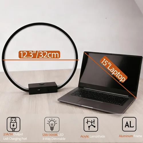 Vista 3 de Lámpara de mesa LED circular con control táctil, regulable de 3 vías, lámpara de mesita de noche con puerto USB, lámparas de mesa modernas, 12 W
