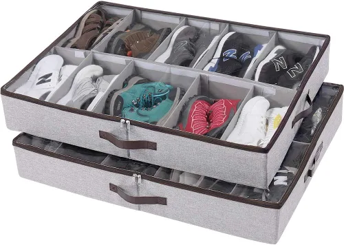 Vista 8 de HOONEX Organizador de almacenamiento de zapatos debajo de la cama con separadores ajustables, soporte para zapatos con asas de cuero, 1 paquete