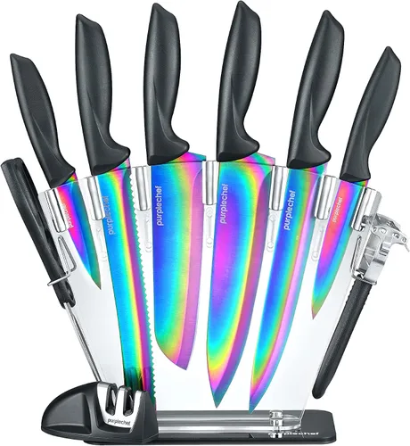 Vista 6 de Juego de cuchillos de cocina de 10 piezas. Incluye 6 cuchillos de acero inoxidable, tijeras, afilador de cuchillos, pelador y soporte acrílico Cosmos