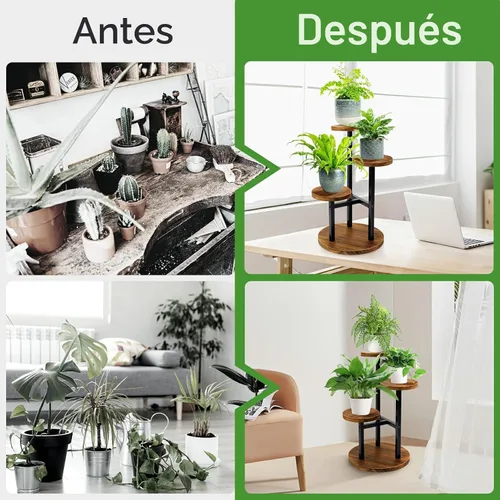 Vista 3 de AUGOSTA - Soporte para plantas de 3 niveles, estante alto de metal y madera para exhibición en interiores y exteriores, soporte para macetas
