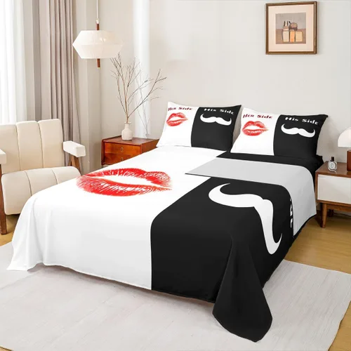 Vista 14 de Dog Side My Side - Juego de sábanas de tamaño Queen, color negro y blanco, sábana bajera ajustable para mujeres y hombres, sábanas románticas