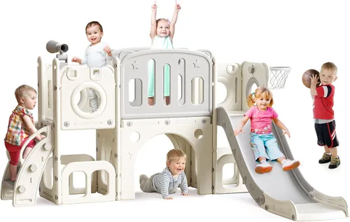 Vista 8 de Juego de toboganes 8 en 1 para niños pequeños, tobogán para niños pequeños, juego de tobogán escalador con aro de baloncesto, patio de juegos al
