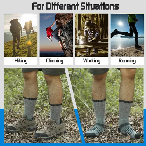 Vista 6 de 5 pares de calcetines de senderismo de lana merina, cálidos, térmicos, acogedores, acolchados, absorben la humedad, para mujeres y hombres