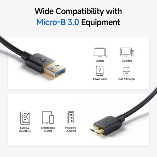 Vista 4 de Cable Matters Cable corto micro USB 3.0 - 1,6 pies, cable de disco duro externo, cable USB A a micro USB B, compatible con discos duros externos