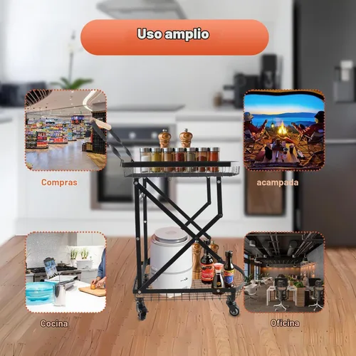 Vista 5 de Carrito de compras de metal plegable de 2 niveles sobre ruedas,Carro utilitario plegable