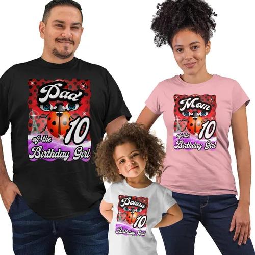 Vista 2 de Camisetas personalizadas para cumpleaños con temática de mariquita y gato negro, Negro