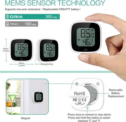 Vista 5 de Termómetro inalámbrico higrómetro para iPhone/Android, sensor de temperatura de humedad Bluetooth inteligente con alarma y almacenamiento de datos