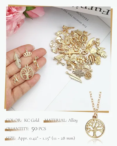 Vista 3 de JIALEEY Venta al por mayor a granel 50 piezas mezcladas de oro encantos colgantes DIY para collar pulsera joyería fabricación y artesanía, Zinc