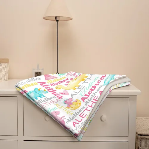 Vista 7 de Manta personalizada con nombre de bebé, dinosaurios, regalo para bebés y niñas, manta de franela suave para recién nacidos, manta cómoda y acogedora