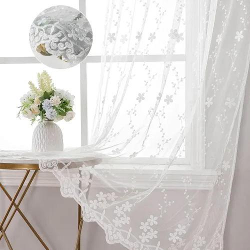 Vista 4 de WUBODTI Cortinas de encaje blanco de lujo de 63 pulgadas de largo, 2 paneles para dormitorio, bonitas cortinas bordadas florales de vid con ojales