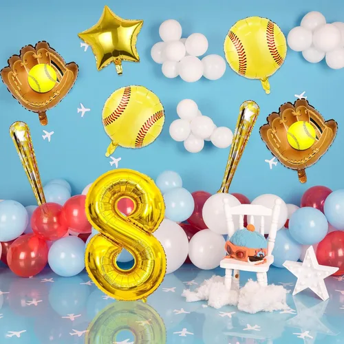 Vista 6 de 9 globos de sóftbol – Globos de papel de aluminio Mylar con número de cumpleaños de sóftbol – Suministros y decoraciones para fiestas (8vo)