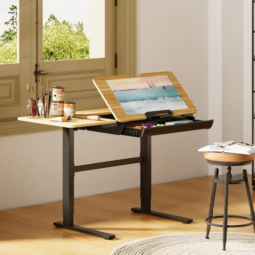 Vista 2 de FLEXISPOT Mesa de dibujo eléctrica de altura ajustable de 47.2 x 23.6 pulgadas, escritorio de dibujo de pie con parte superior extensible, estación