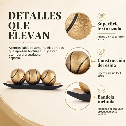 Vista 7 de Bolas decorativas de oro negro para decoración del hogar, 3 orbes de resina con bandeja de exhibición, centro de mesa inspirado para mesa de café