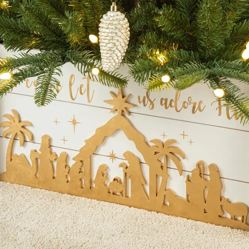 Vista 9 de Glitzhome Collar de árbol de madera, cubierta de base de árbol de Navidad, collares de árbol de Navidad para árboles artificiales, escena