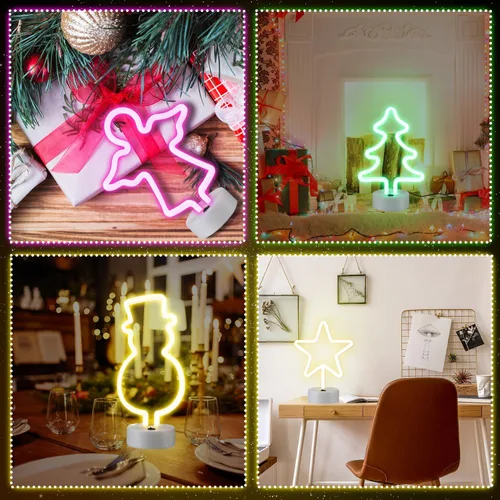 Vista 7 de Baquler 4 letreros de neón de Navidad con luz LED de neón con base de soporte, muñeco de nieve iluminado, luces nocturnas con batería o USB