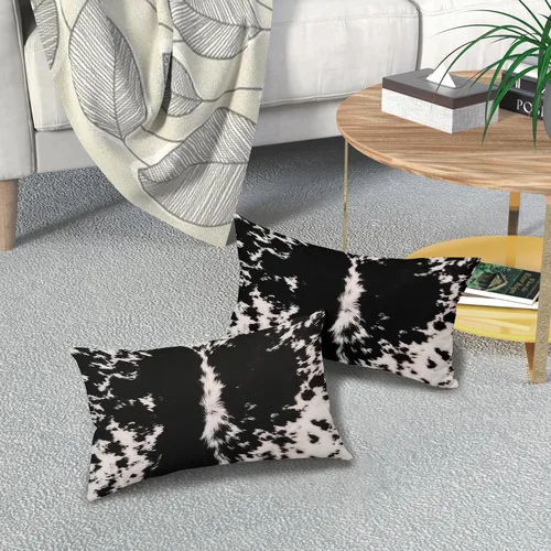 Vista 6 de Juego de 2 fundas de almohada lumbares con estampado de piel de vaca occidental de 12 x 20 pulgadas, fundas de almohada rectangulares de algodón