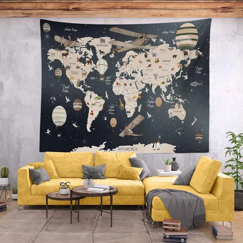 Vista 3 de BELECO Tapiz de mapa del mundo para colgar en la pared, diseño de animales de dibujos animados, 60 x 40 pulgadas, diseño vintage de aviones