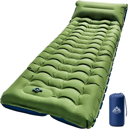 Vista 11 de FUN PAC Almohadilla de dormir para acampar con almohada Bomba de pie incorporada Esterilla de dormir inflable compacta para acampar mochilero Azul