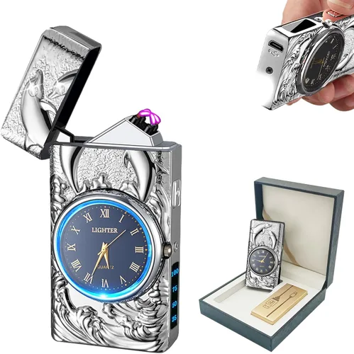 Vista 8 de BABOBIU Encendedor eléctrico recargable a prueba de viento USB con esfera de reloj y diseño de águila sin llama para camping, oficina en casa