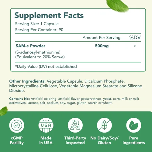 Vista 2 de Suplemento SAM-e de 500 mg – Cápsulas de S-adenosil-L-metionina de 500 mg de alta resistencia para el cerebro articular, el hígado y el estado